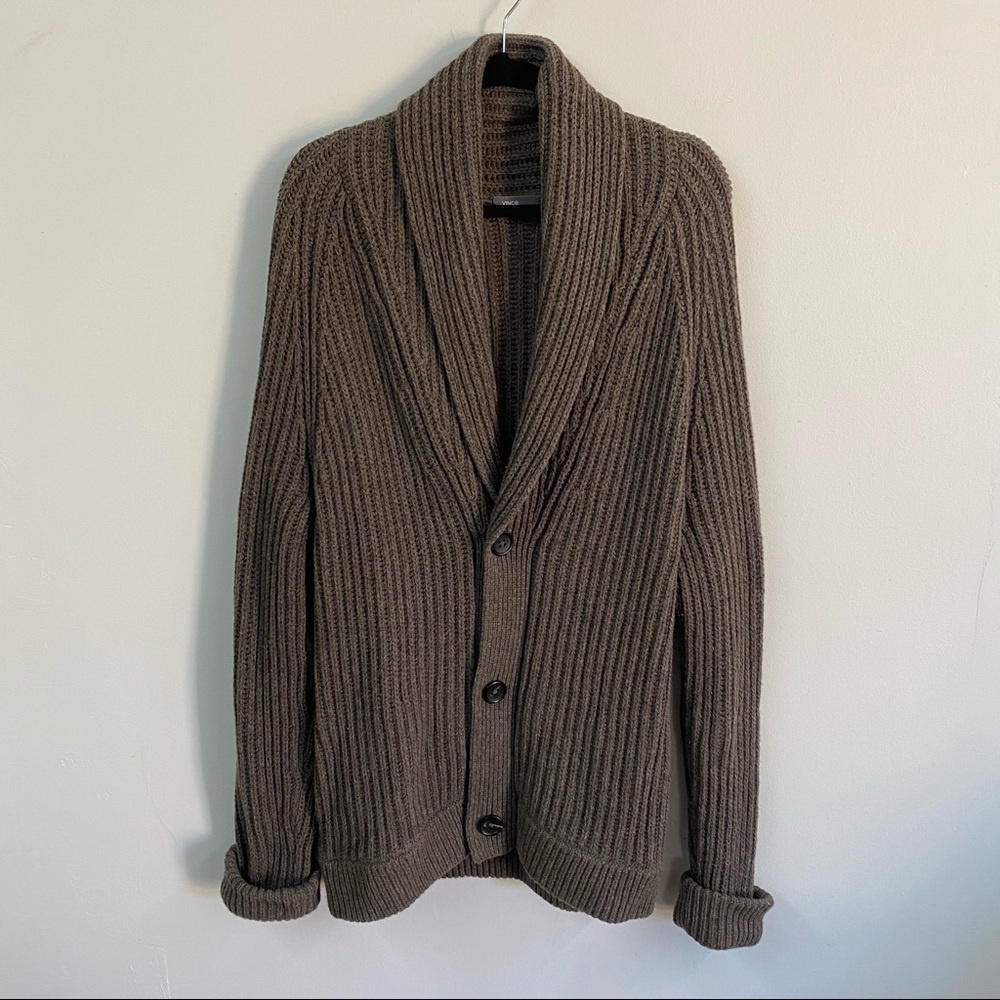 Vince Chunky Ribbed Knit Wool Shawl Collar Cardigan Sweater